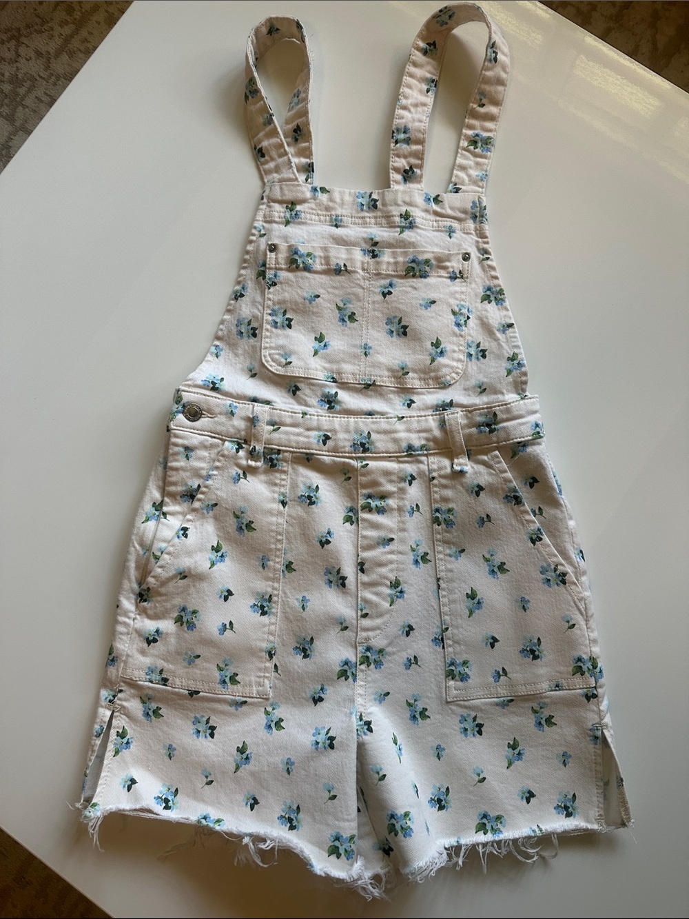WeWoreWhat Cream Denim Romper with Blue & Green Floral Print